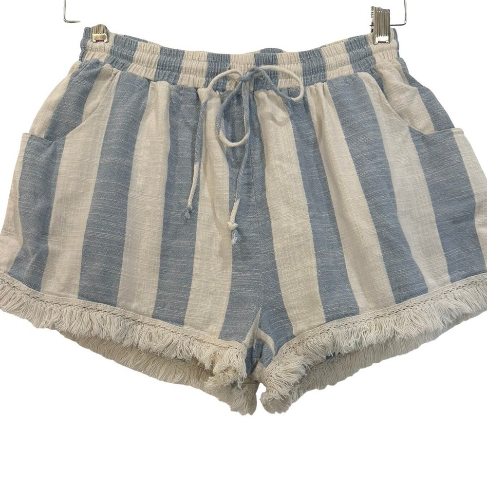 Illa Illa Women's Blue & White Striped Fringe Hem 100% Cotton Beach Shorts M